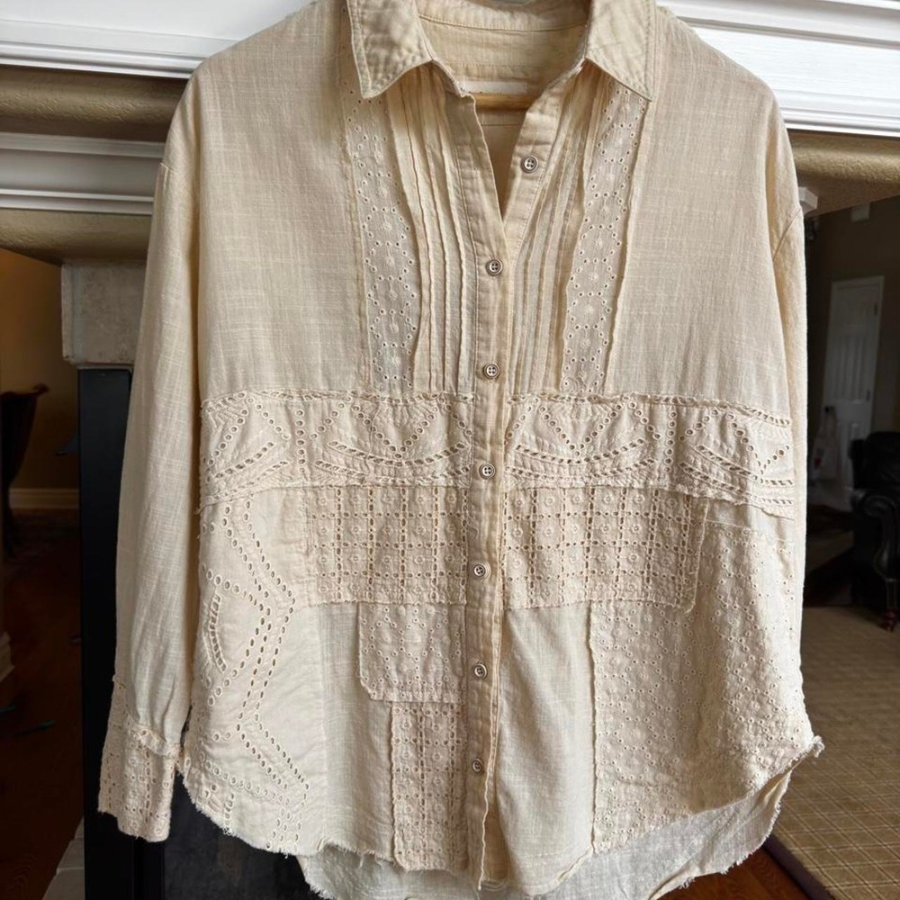 By Together Cream Lace Patchwork Oversized Shirt Everyday Boho Artisan